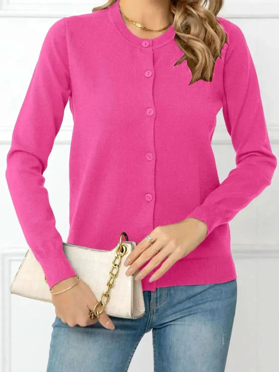 Button Down Round Neck Cardigan - Bad Moms Club