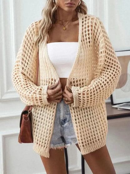 Openwork Open Front Long Sleeve Cardigan - Bad Moms Club