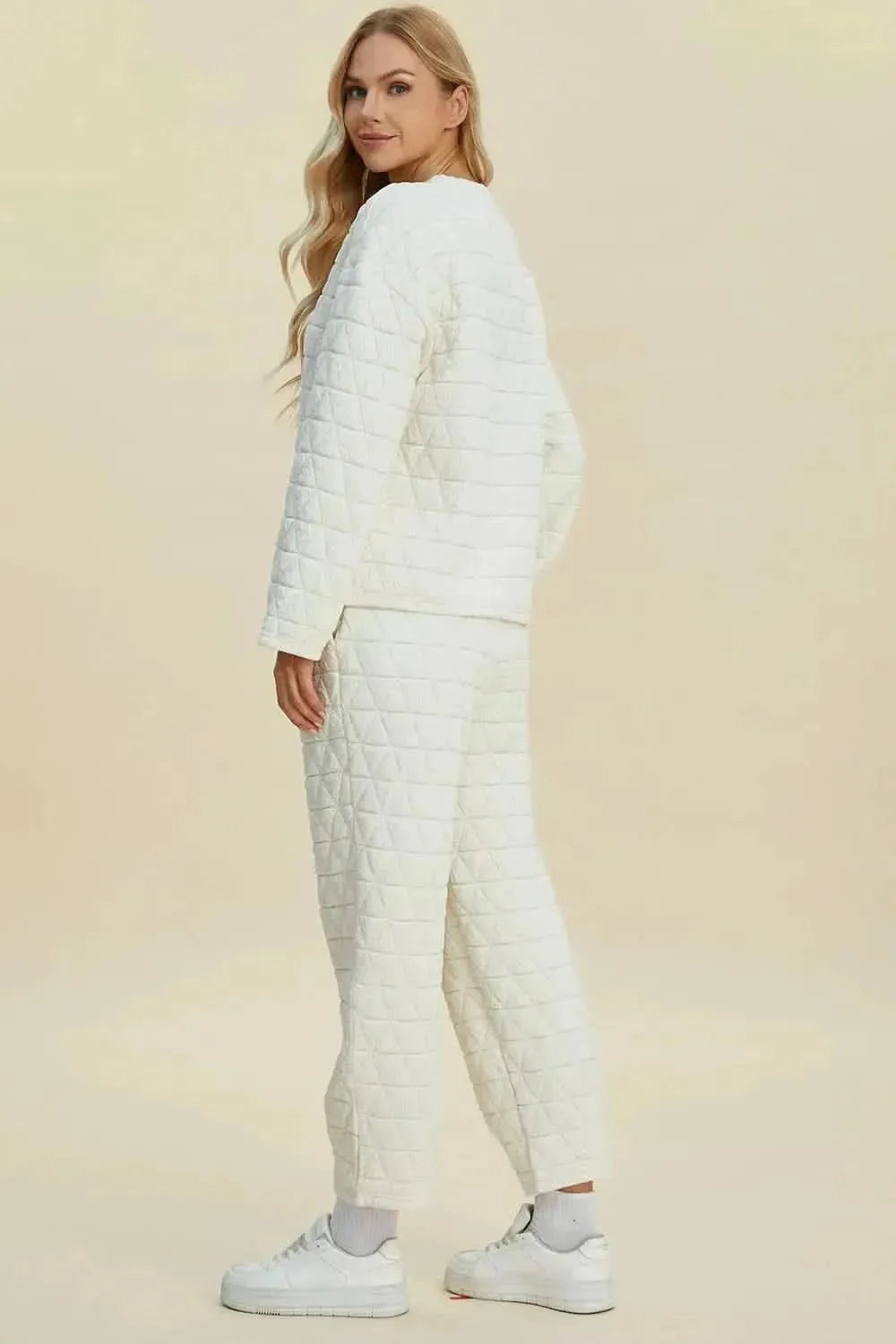 Double Take Full Size Texture Round Neck Long Sleeve Top and Pants Set - Bad Moms Club