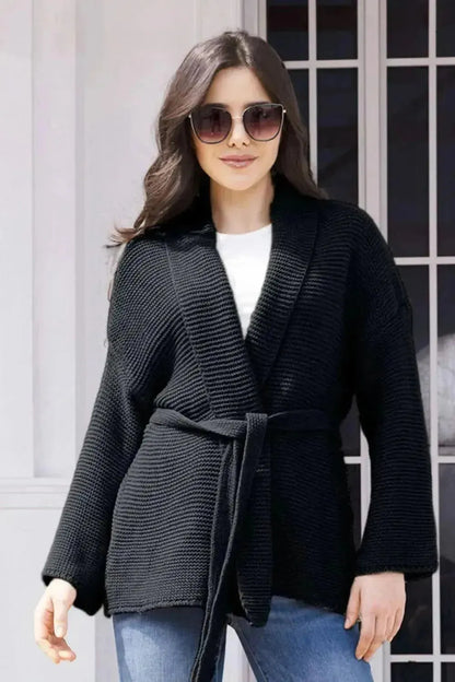 Tied Open Front Long Sleeve Cardigan - Bad Moms Club
