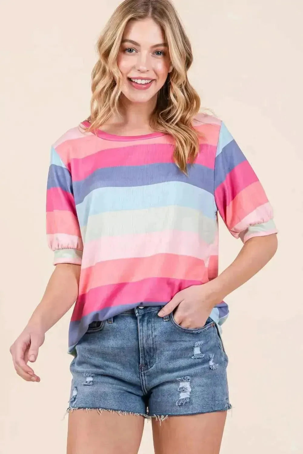 BOMBOM Striped Round Neck Half Sleeve T-Shirt - Bad Moms Club