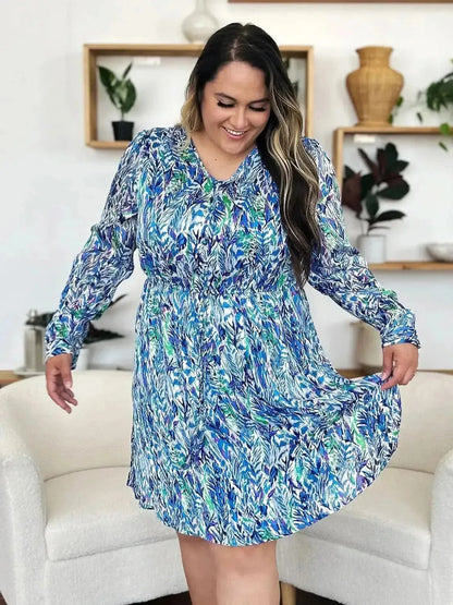 Double Take Full Size Printed Drawstring Waist Long Sleeve Dress - Bad Moms Club