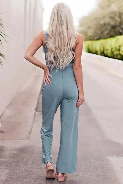 Notched Neck Tank Top and Tie Waist Wide Leg Long Pants Lounge Set - Bad Moms Club