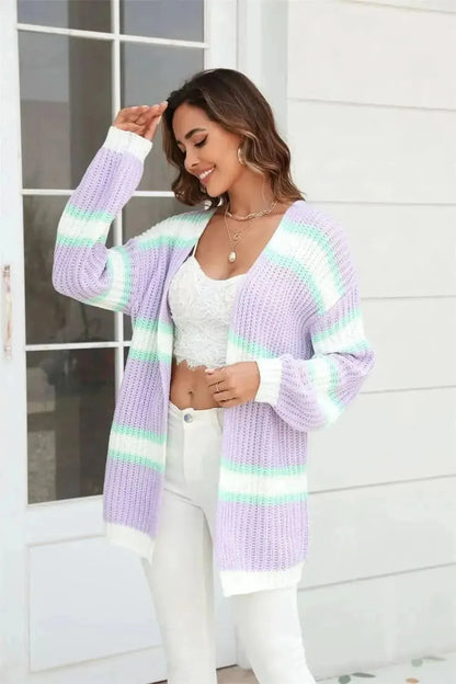 Color Block Ribbed Dropped Shoulder Open Front Cardigan - Bad Moms Club