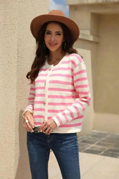Striped Round Neck Button-Down Dropped Shoulder Cardigan - Bad Moms Club