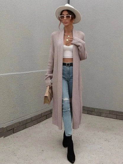 Waffle Knit Open Front Duster Cardigan With Pockets - Bad Moms Club
