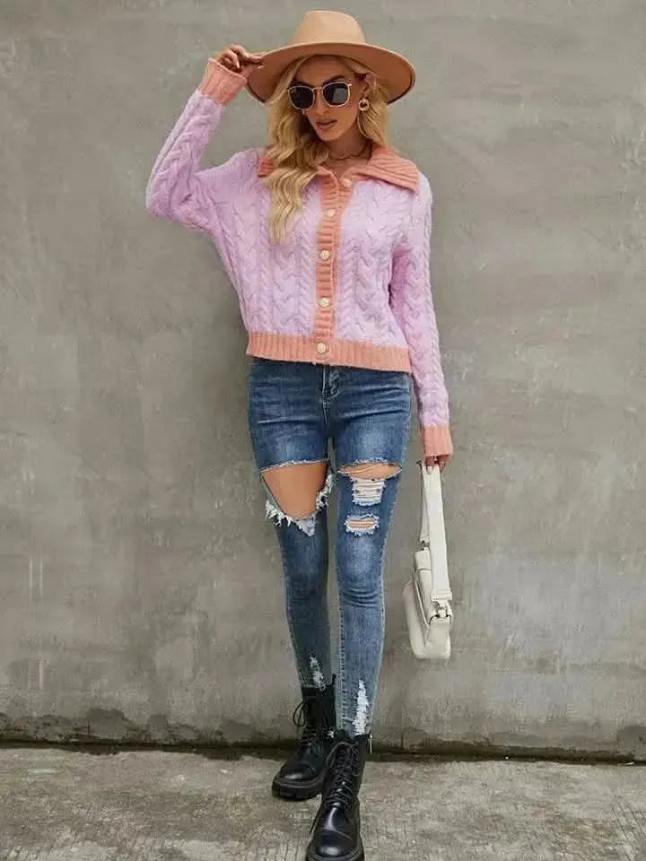 Collared Neck Long Sleeve Cardigan - Bad Moms Club