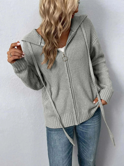 Zip-Up Drawstring Detail Hooded Cardigan - Bad Moms Club