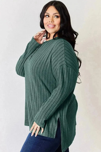 Basic Bae Full Size Ribbed Half Button Long Sleeve High-Low T-Shirt - Bad Moms Club