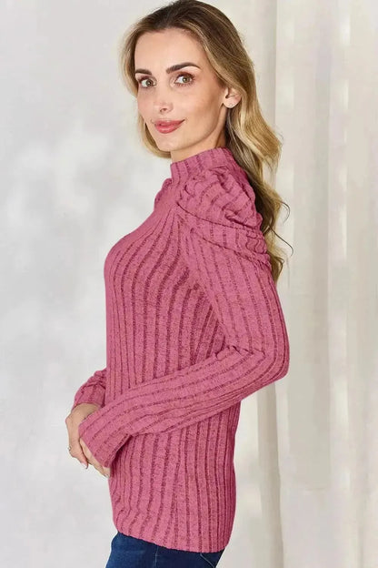 Basic Bae Full Size Ribbed Mock Neck Puff Sleeve T-Shirt - Bad Moms Club