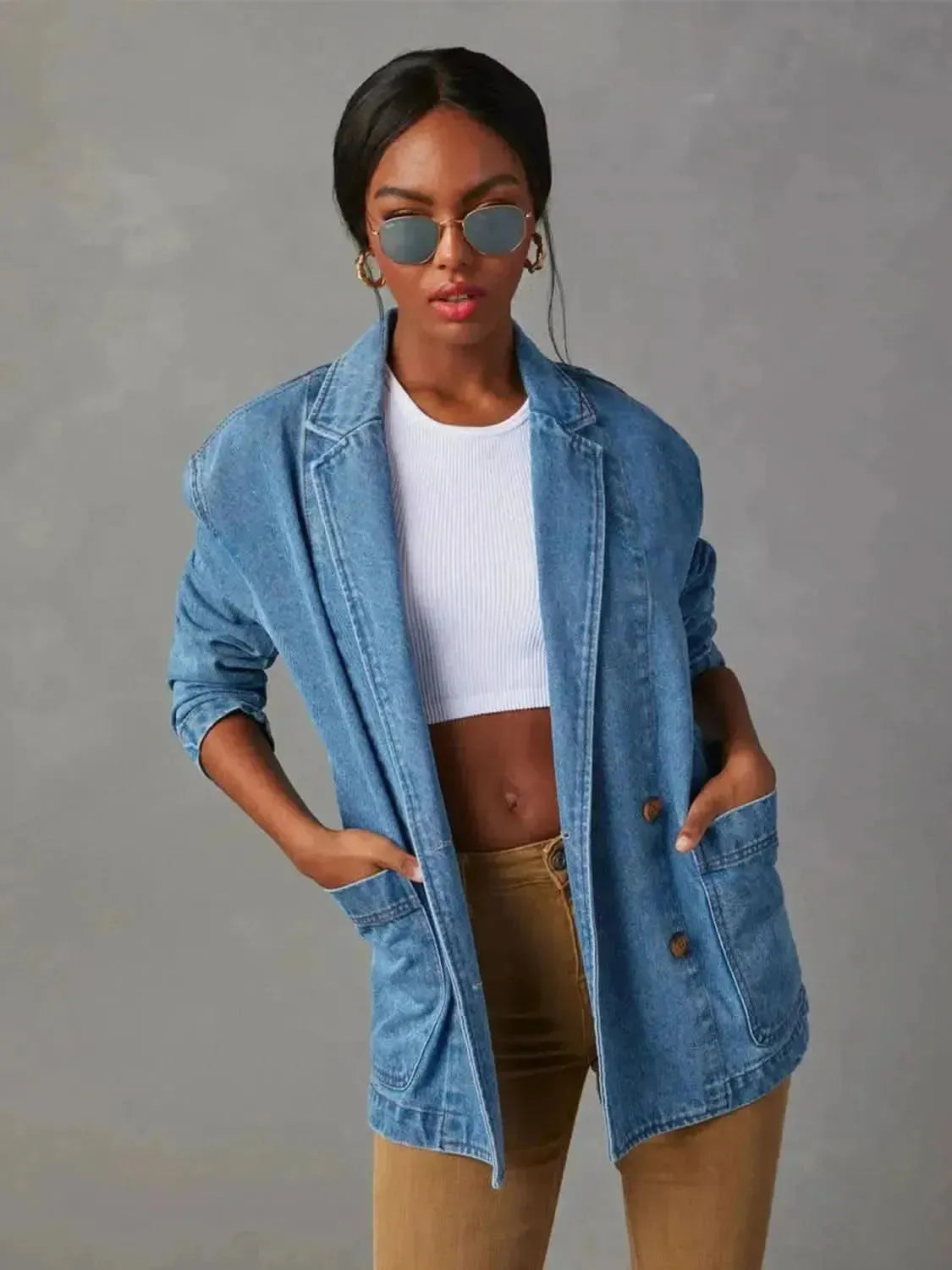 Collared Neck Long Sleeve Denim Jacket - Bad Moms Club