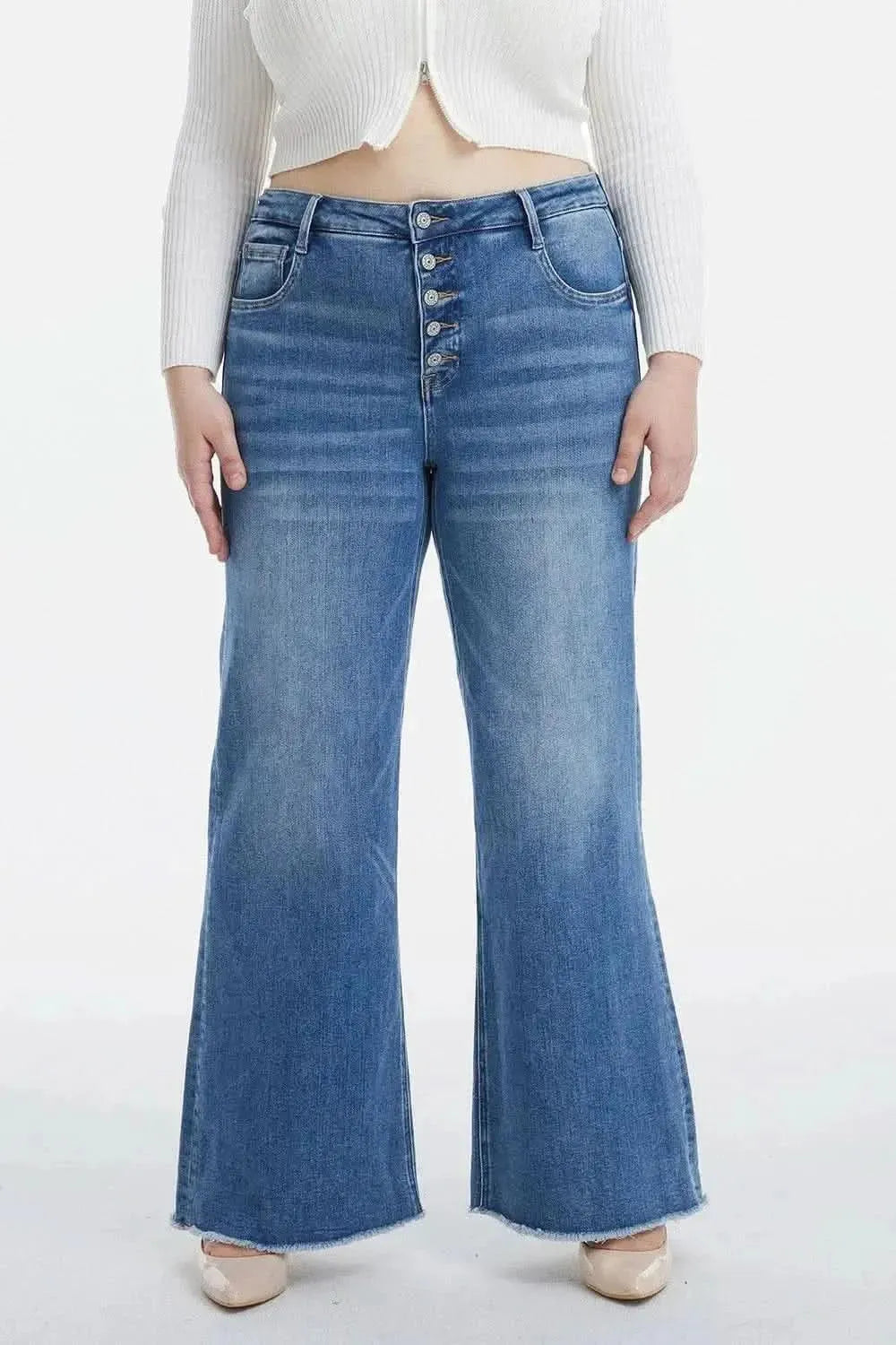 BAYEAS Full Size High Waist Button-Fly Raw Hem Wide Leg Jeans - Bad Moms Club