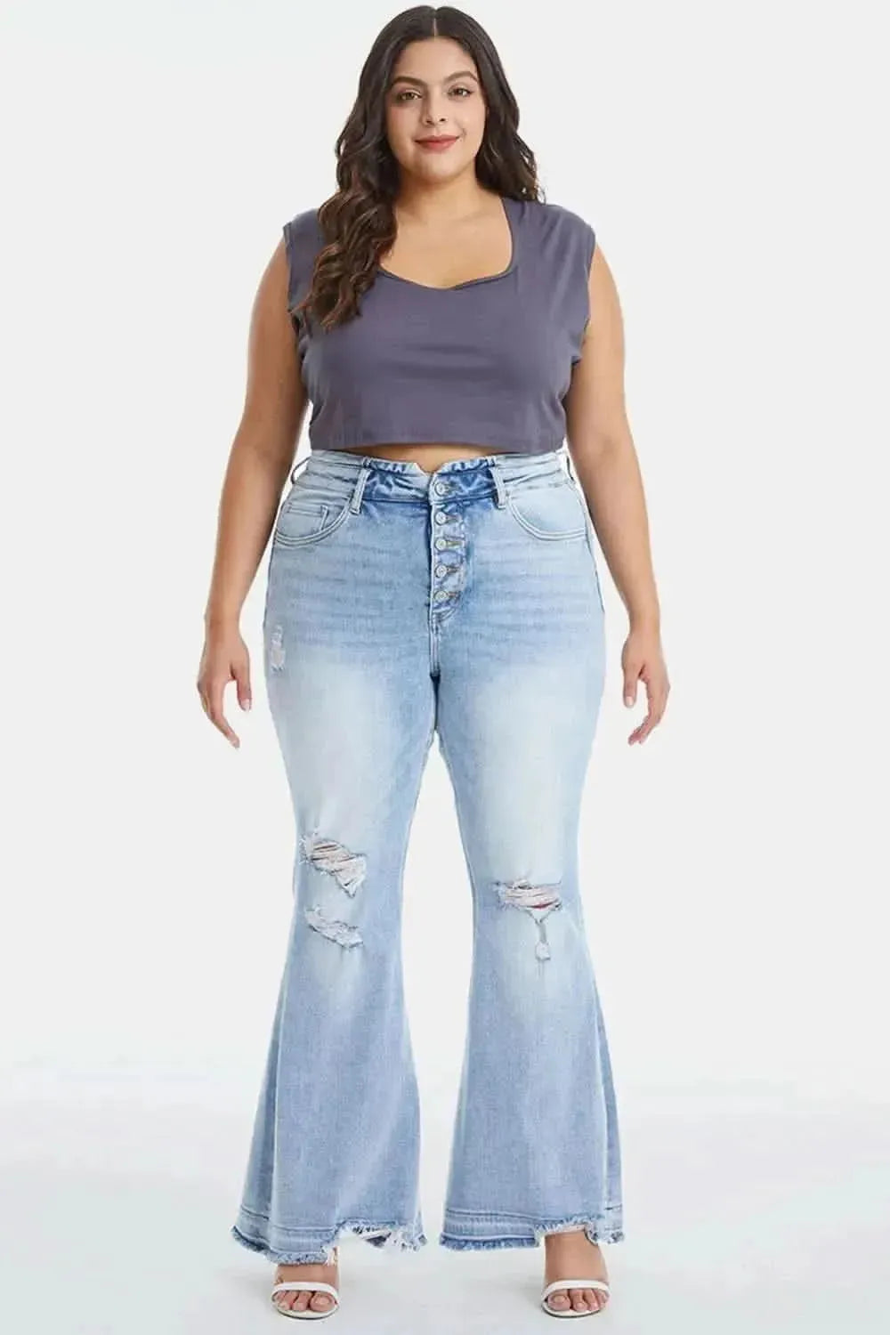 BAYEAS Full Size Distressed Raw Hem High Waist Flare Jeans - Bad Moms Club