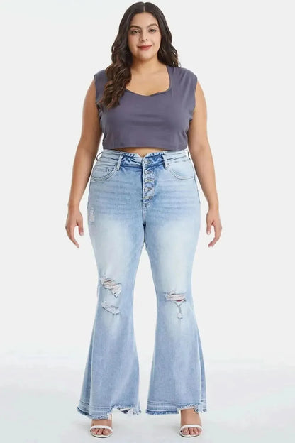 BAYEAS Full Size Distressed Raw Hem High Waist Flare Jeans - Bad Moms Club