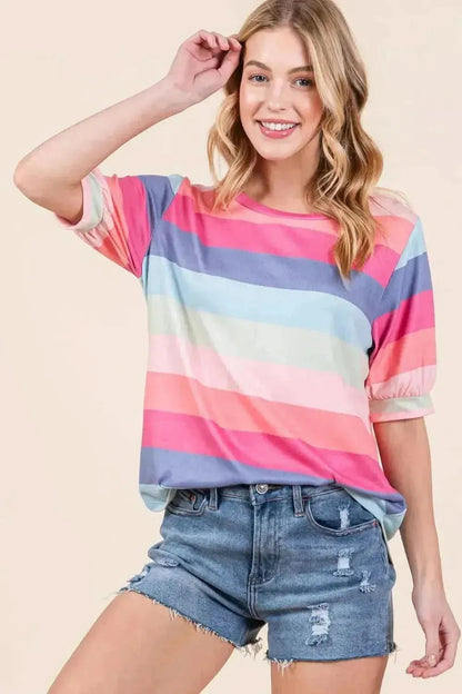 BOMBOM Striped Round Neck Half Sleeve T-Shirt - Bad Moms Club