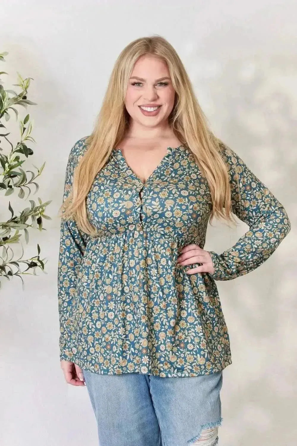 Heimish Full Size Floral Half Button Long Sleeve Blouse - Bad Moms Club