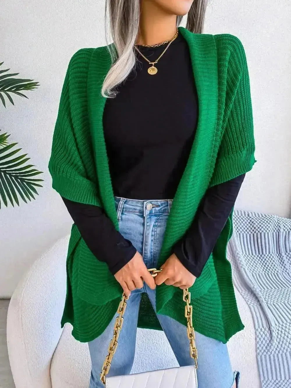 Horizontal Ribbing Open Front Slit Cardigan - Bad Moms Club