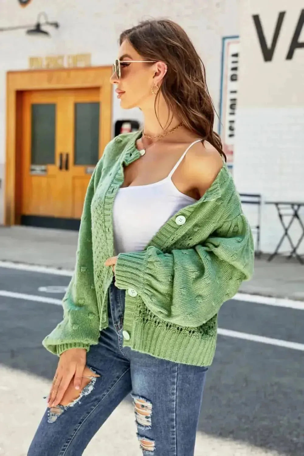 Woven Right Openwork Pompom Puff Sleeve Cardigan - Bad Moms Club