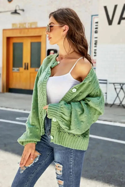 Woven Right Openwork Pompom Puff Sleeve Cardigan - Bad Moms Club