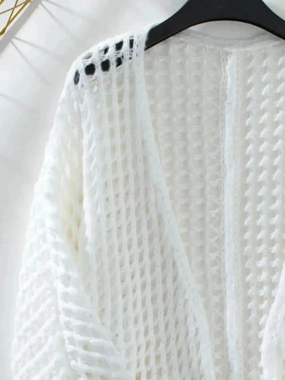 Openwork Open Front Long Sleeve Cardigan - Bad Moms Club