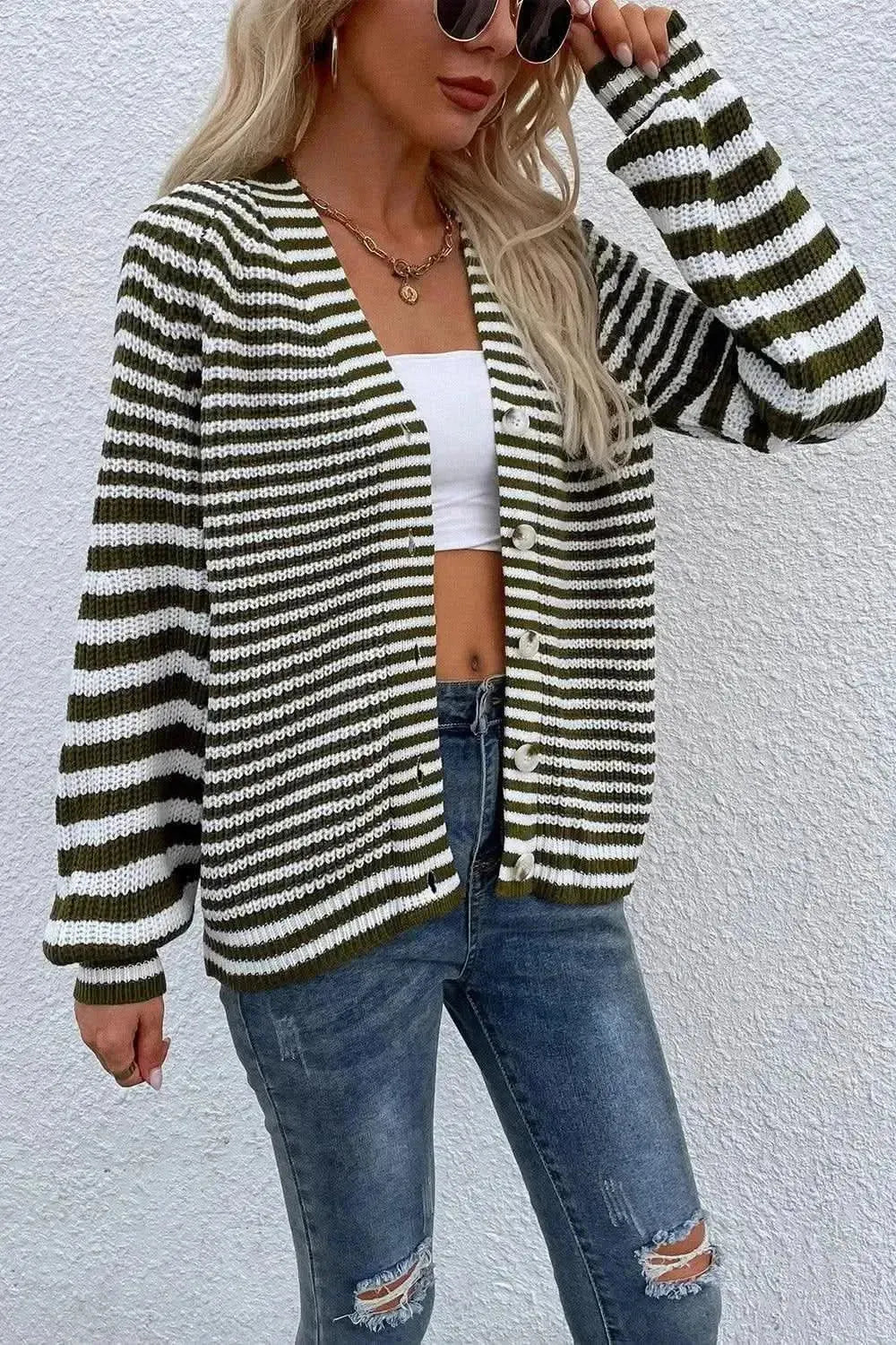 Striped V-Neck Button-Down Cardigan - Bad Moms Club