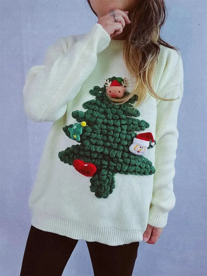 Christmas Tree Round Neck Long Sleeve Sweater - Bad Moms Club