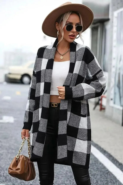 Plaid Dropped Shoulder Cardigan with Pocket - Bad Moms Club