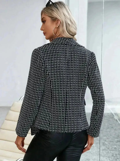 Plaid Double Breasted Long Sleeve Jacket - Bad Moms Club