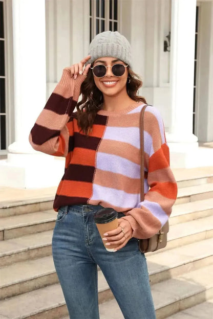 Angel Wings Round Neck Long Sleeve Color Block Dropped Shoulder Pullover Sweater - Bad Moms Club