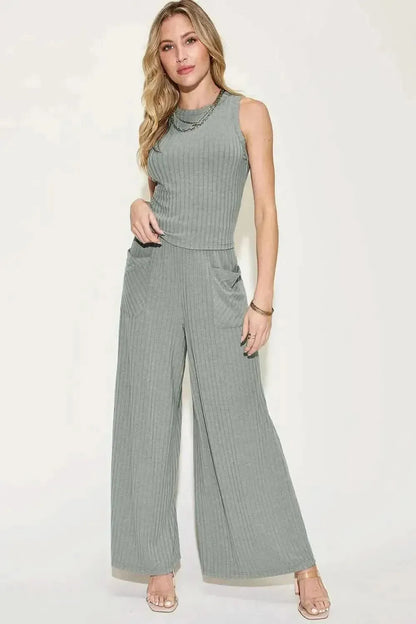 Basic Bae Full Size Ribbed Tank and Wide Leg Pants Set - Bad Moms Club