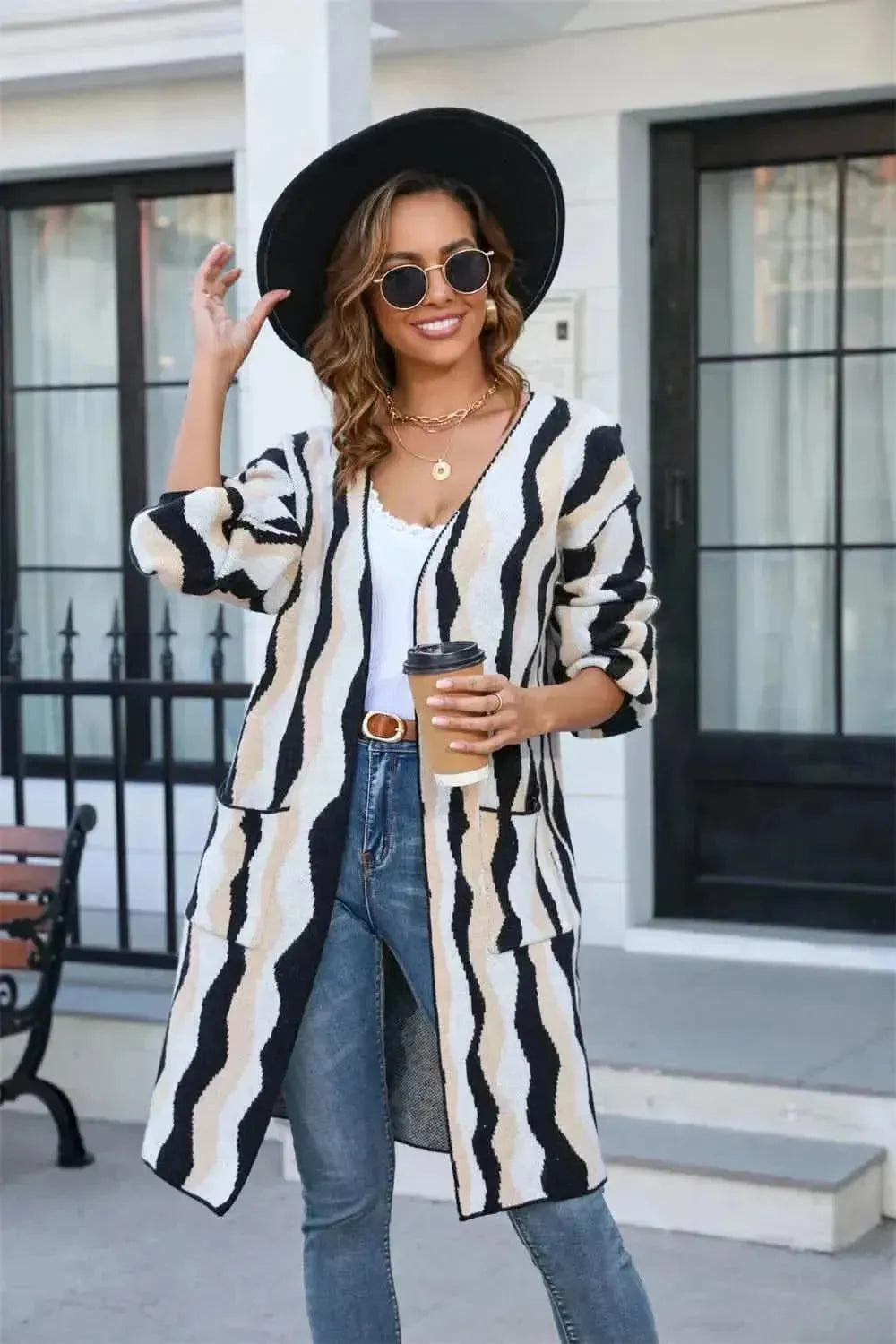 Printed Open Front Pocketed Cardigan - Bad Moms Club