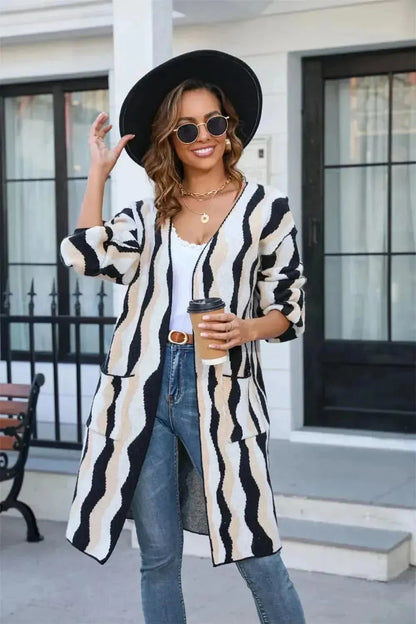 Printed Open Front Pocketed Cardigan - Bad Moms Club
