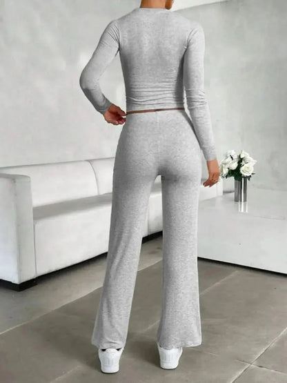 Round Neck Long Sleeve Top and Drawstring Pants Set - Bad Moms Club