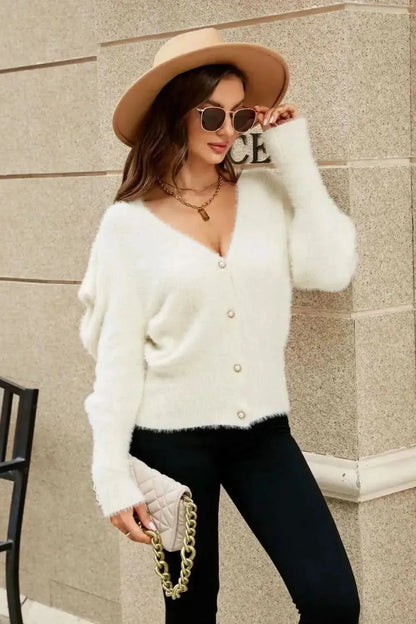 Woven Right Puff Sleeve V-Neck Fuzzy Cardigan - Bad Moms Club