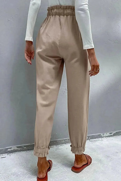 Perfee Drawstring Paperbag Waist Button Detail Pants - Bad Moms Club