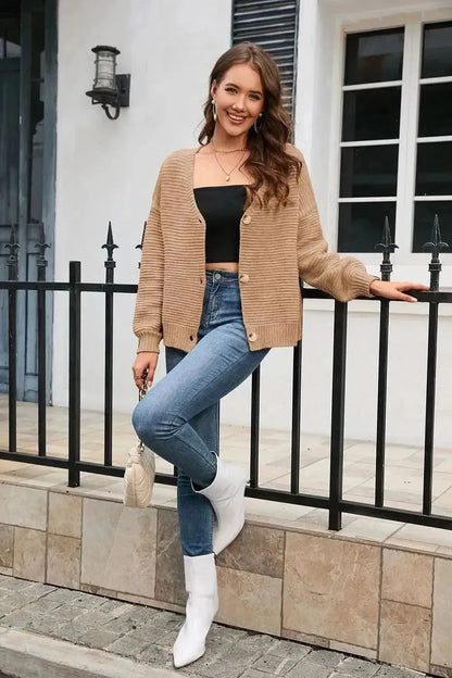 Horizontal Ribbing Button Down Cardigan - Bad Moms Club