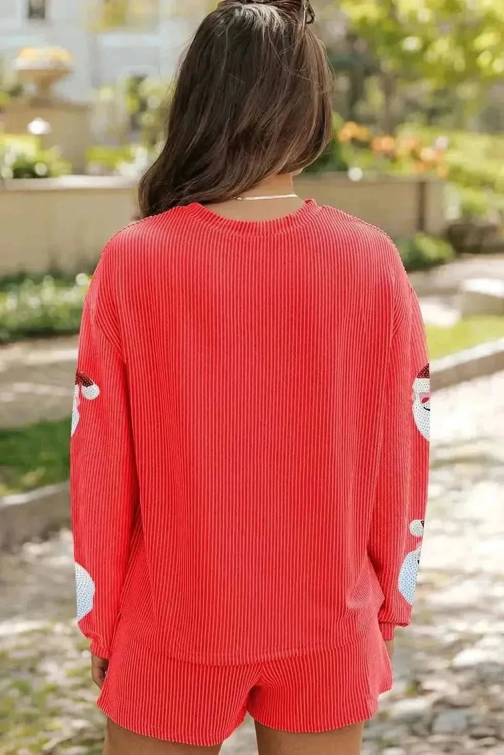 Sequin Santa Round Neck Long Sleeve Top and Shorts Set - Bad Moms Club