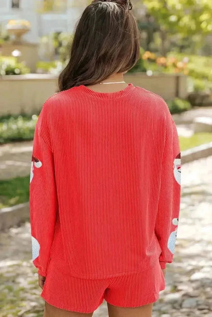Sequin Santa Round Neck Long Sleeve Top and Shorts Set - Bad Moms Club
