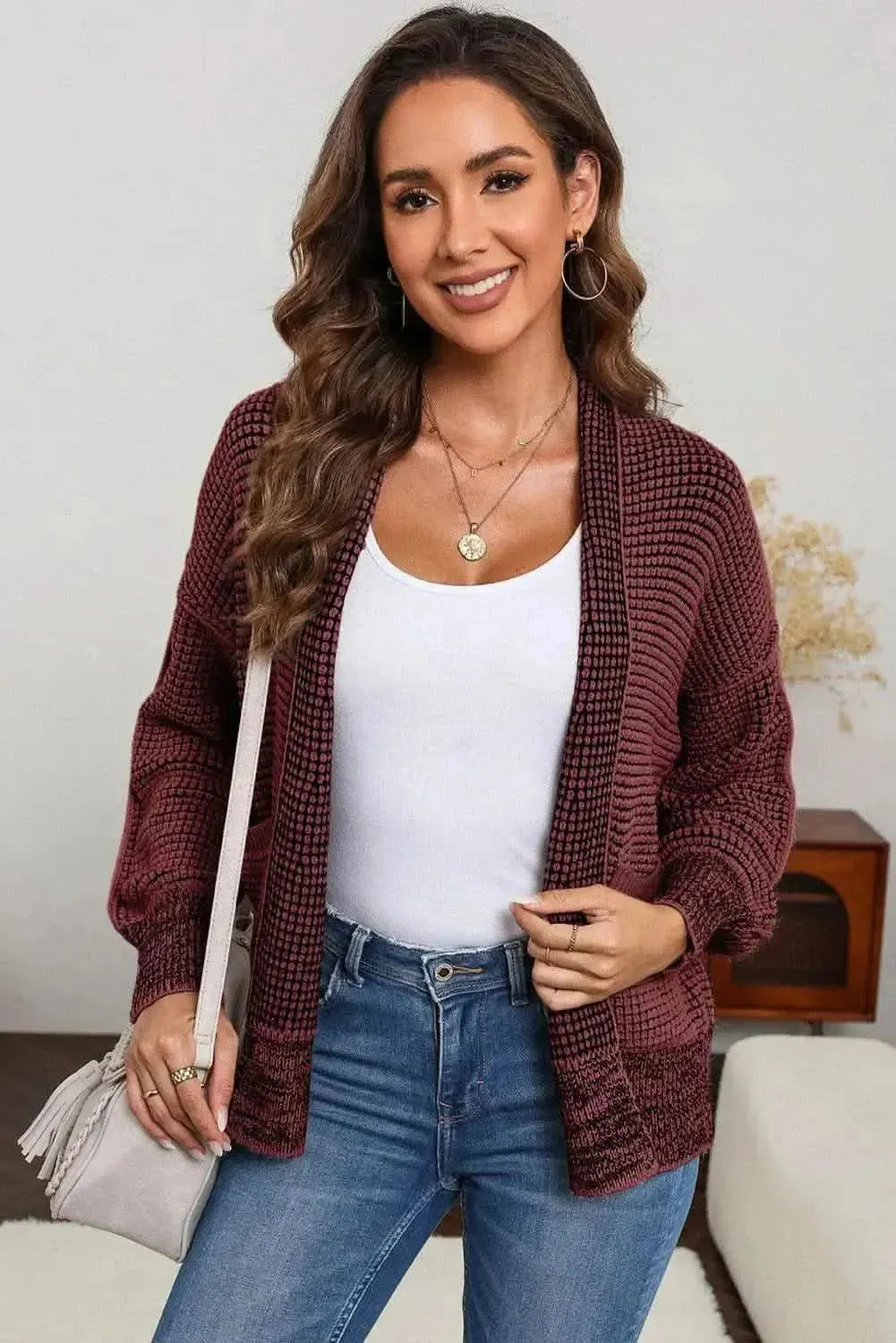 Waffle-knit Pocketed Open Front Cardigan - Bad Moms Club