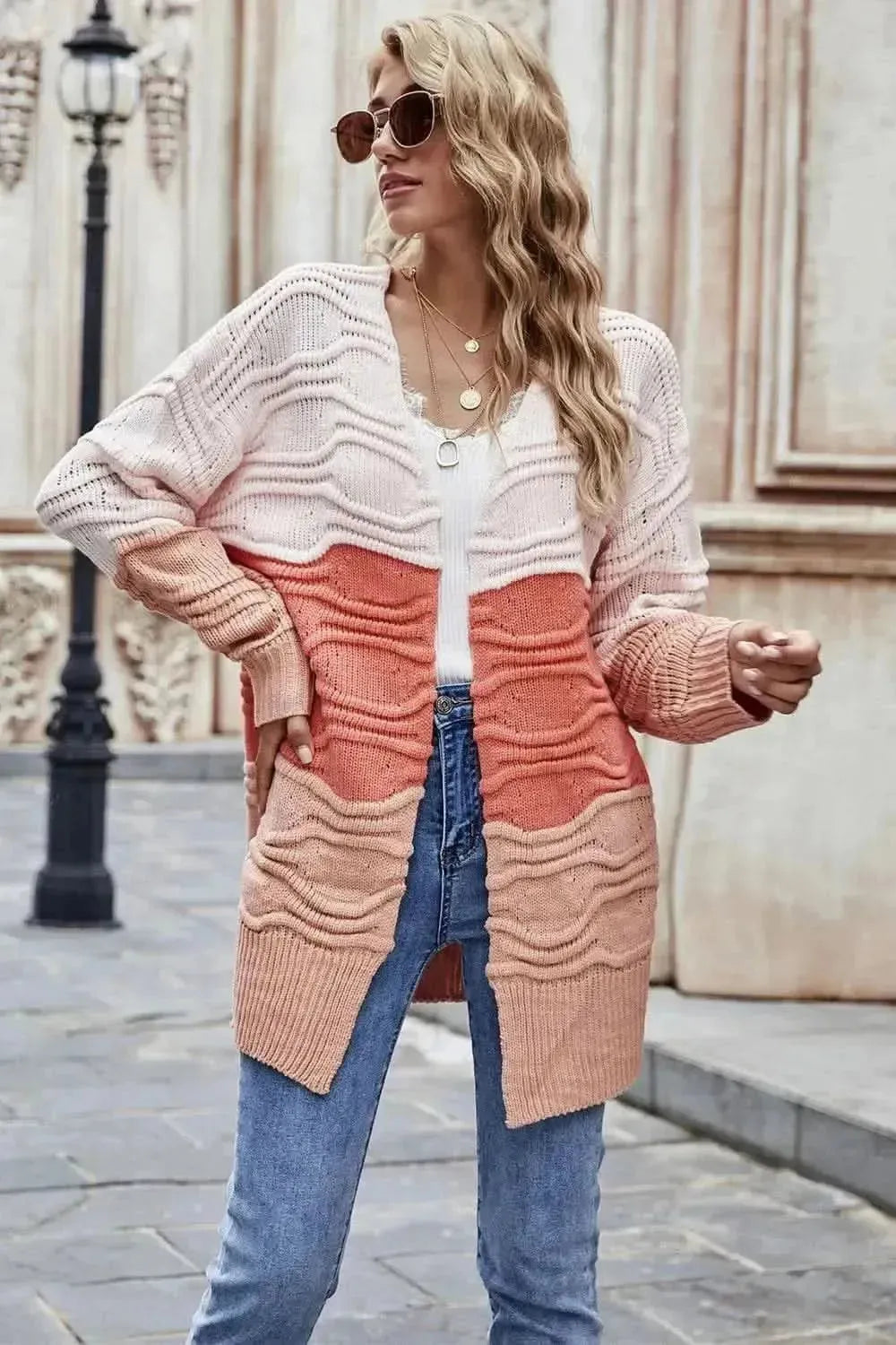 Color Block Openwork Open Front Cardigan - Bad Moms Club