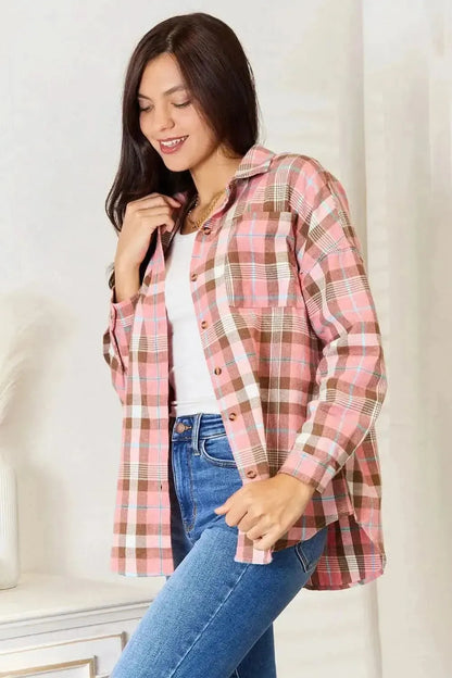 Double Take Plaid Collared Neck Long Sleeve Button-Up Shirt - Bad Moms Club