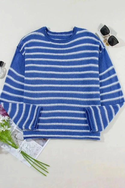 Striped Round Neck Dropped Shoulder Sweater - Bad Moms Club