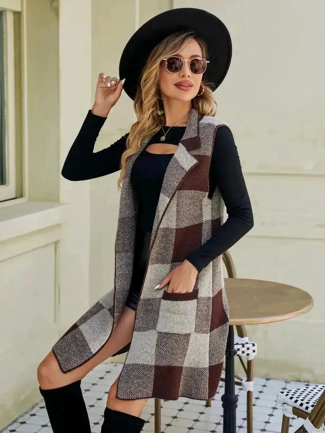 Plaid Lapel Collar Sleeveless Cardigan - Bad Moms Club