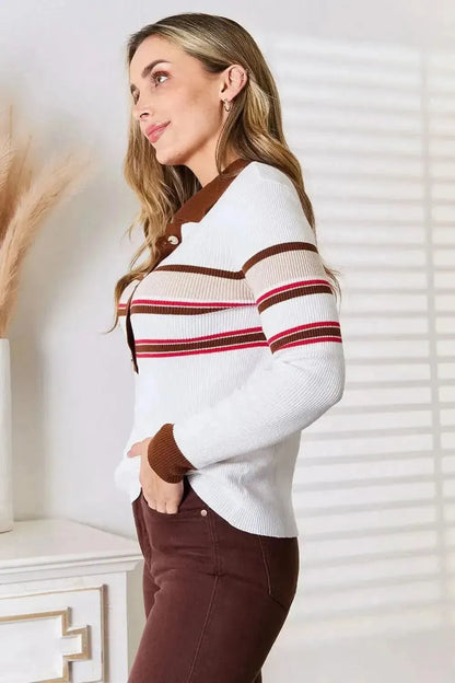 Basic Bae Striped Collared Neck Rib-Knit Top - Bad Moms Club