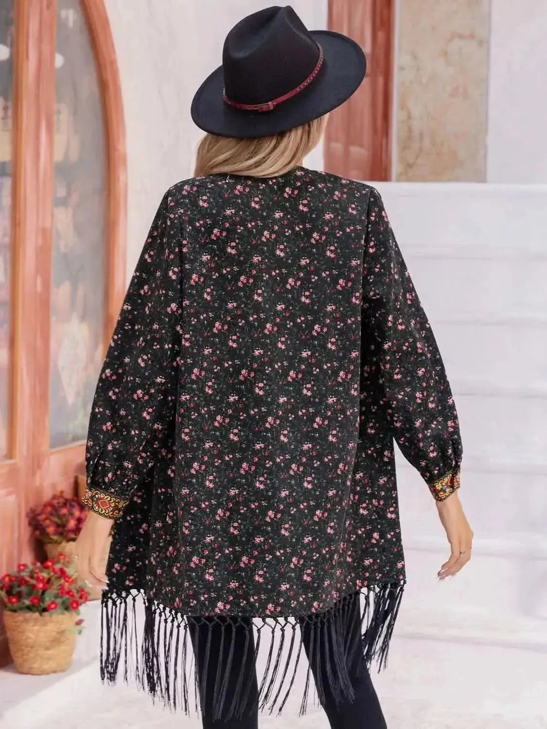 Printed Fringe Detail Cardigan - Bad Moms Club