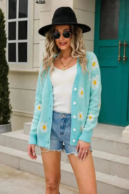 Daisy Pattern Button Front Cardigan - Bad Moms Club