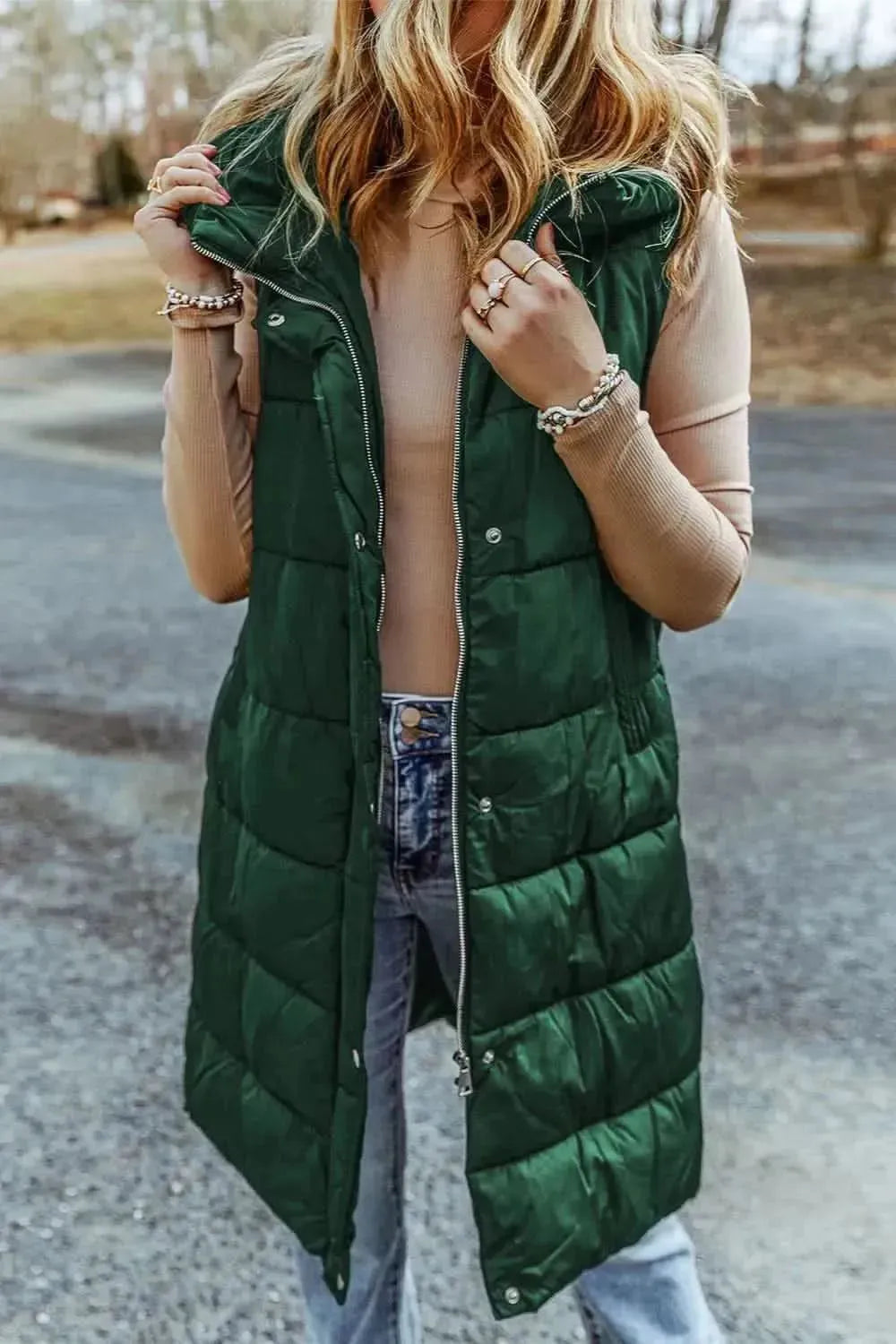 Longline Hooded Sleeveless Puffer Vest - Bad Moms Club