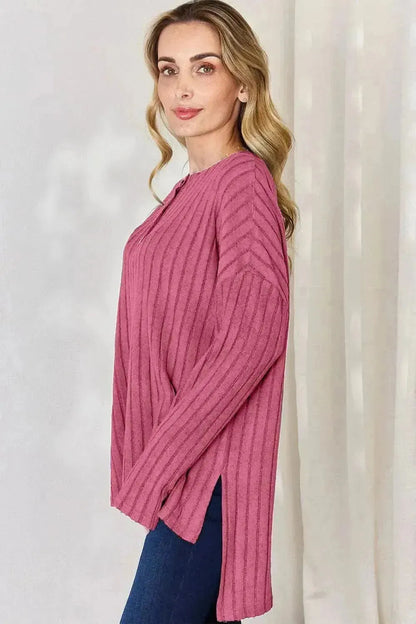 Basic Bae Full Size Ribbed Half Button Long Sleeve High-Low T-Shirt - Bad Moms Club