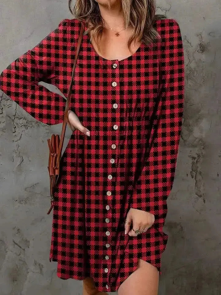 Double Take Full Size Plaid Round Neck Long Sleeve Magic Dress - Bad Moms Club