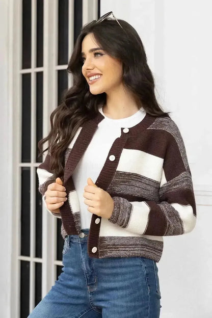 Striped Button Up Long Sleeve Cardigan - Bad Moms Club